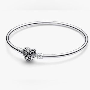 PANDORA Celestial Heart Clasp Bangle Bracelet Sterling Silver7.5”/19cm +Gift Box